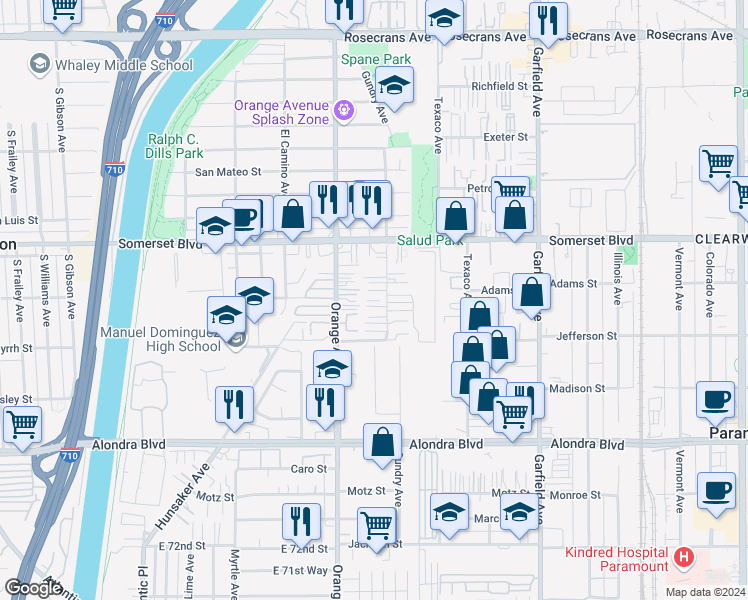 map of restaurants, bars, coffee shops, grocery stores, and more near 15329 Gundry Avenue in Paramount