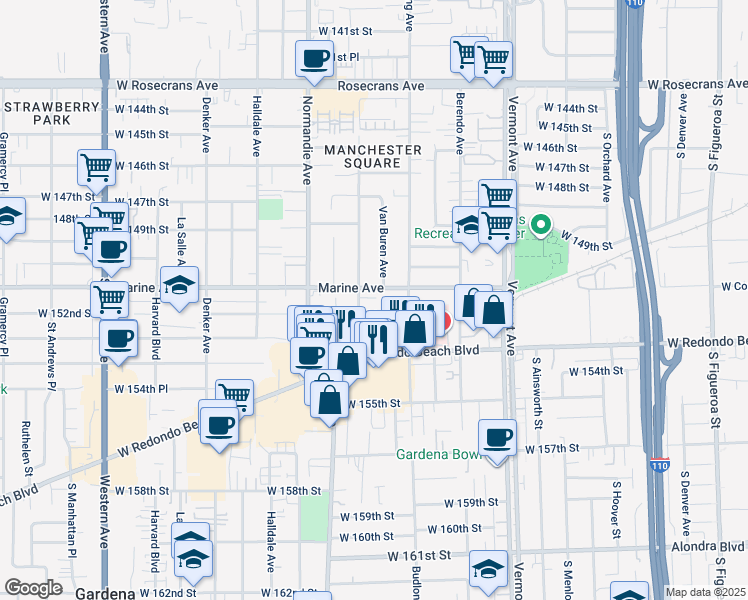 map of restaurants, bars, coffee shops, grocery stores, and more near 15130 South Raymond Avenue in Gardena