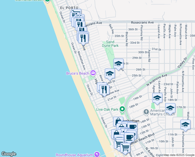 map of restaurants, bars, coffee shops, grocery stores, and more near 2508 Highland Avenue in Manhattan Beach
