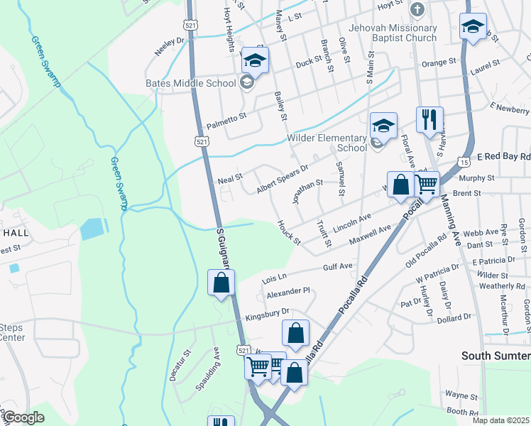 map of restaurants, bars, coffee shops, grocery stores, and more near 980 Houck Street in Sumter