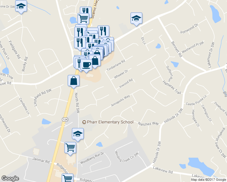 map of restaurants, bars, coffee shops, grocery stores, and more near 1515 Timberlane Road in Lawrenceville