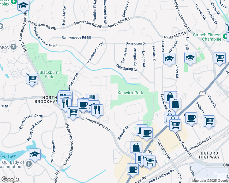 map of restaurants, bars, coffee shops, grocery stores, and more near 3507 Brookleigh Lane Northeast in Brookhaven
