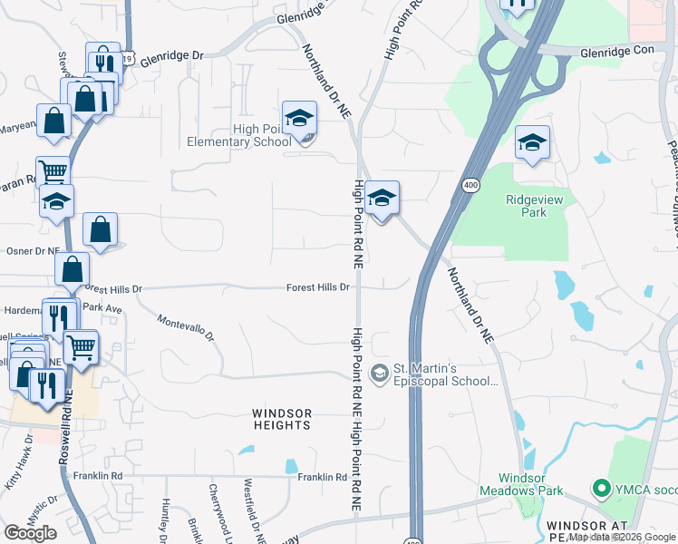 map of restaurants, bars, coffee shops, grocery stores, and more near 560 Forest Hills Drive in Atlanta