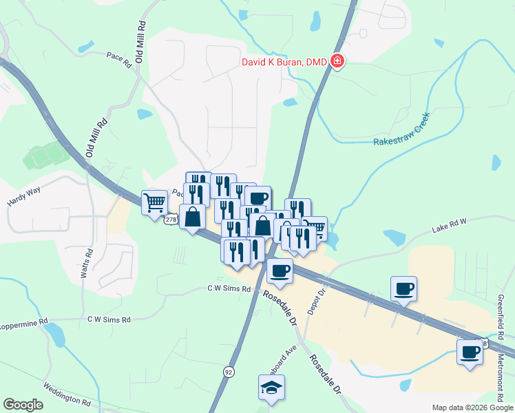 map of restaurants, bars, coffee shops, grocery stores, and more near 168 Hiram Terrace in Hiram