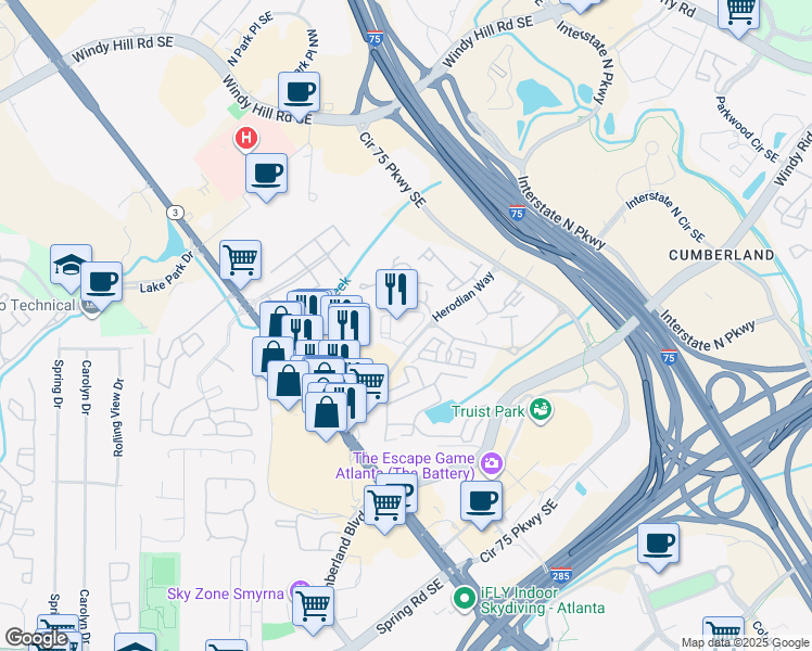 map of restaurants, bars, coffee shops, grocery stores, and more near 202 Comeragh Southeast in Smyrna