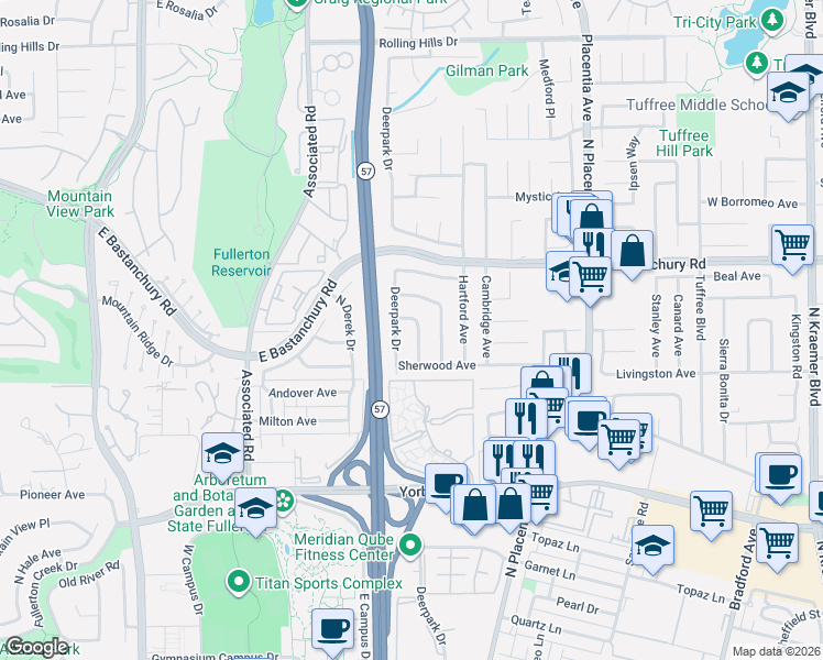 map of restaurants, bars, coffee shops, grocery stores, and more near 2225 Braeburn Avenue in Fullerton