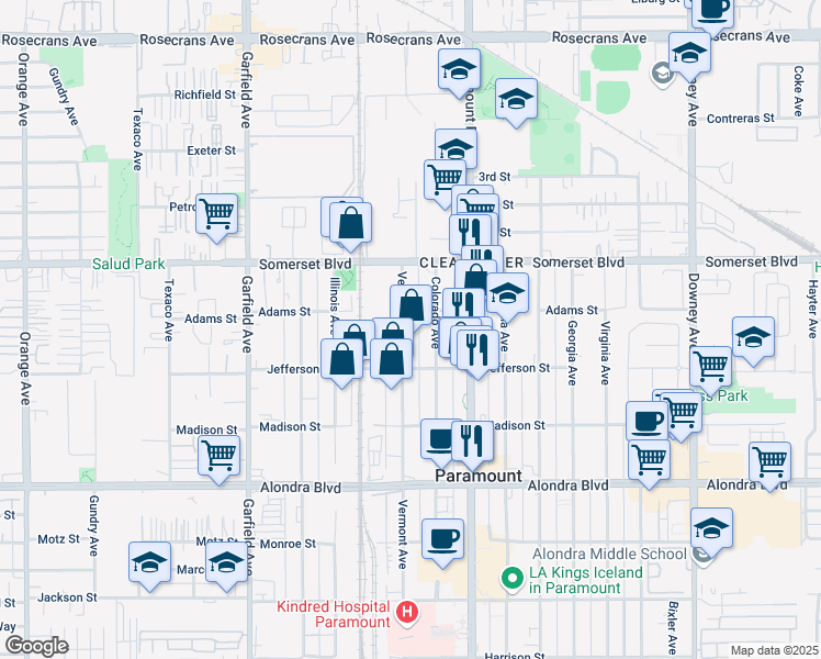 map of restaurants, bars, coffee shops, grocery stores, and more near 15326 Vermont Avenue in Paramount