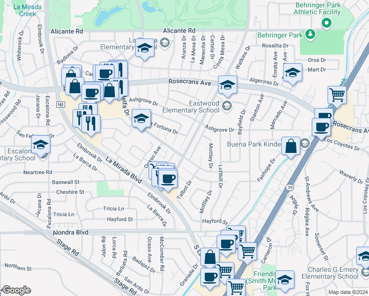 map of restaurants, bars, coffee shops, grocery stores, and more near 15026 Costa Mesa Drive in La Mirada