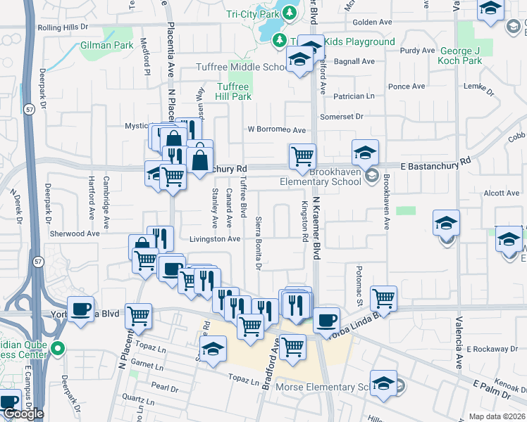 map of restaurants, bars, coffee shops, grocery stores, and more near 1738 Sierra Bonita Drive in Placentia