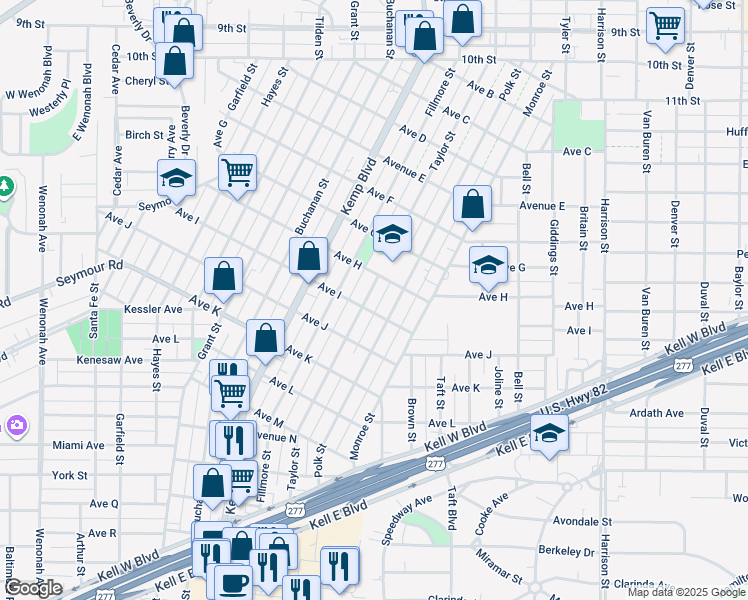map of restaurants, bars, coffee shops, grocery stores, and more near 2306 Avenue I in Wichita Falls