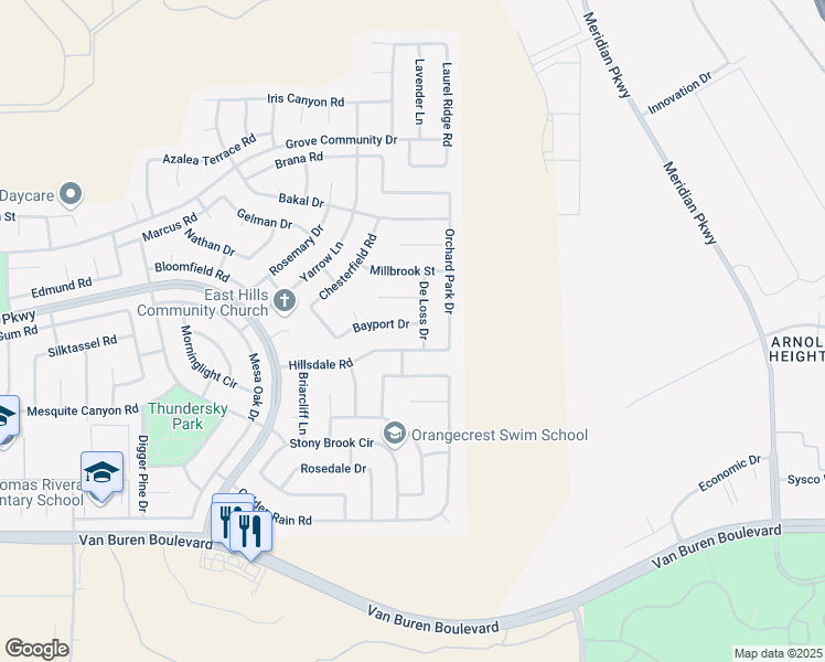 map of restaurants, bars, coffee shops, grocery stores, and more near 20887 Bayport Drive in Riverside