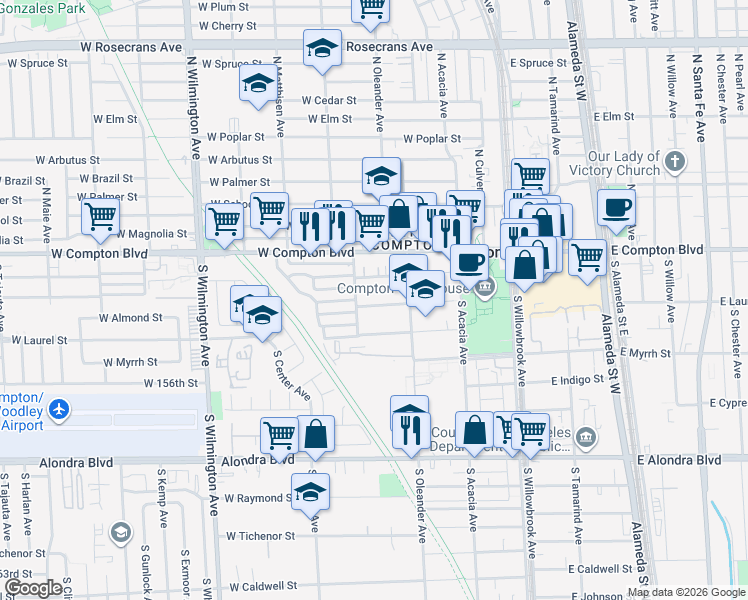 map of restaurants, bars, coffee shops, grocery stores, and more near 435 West Almond Street in Compton