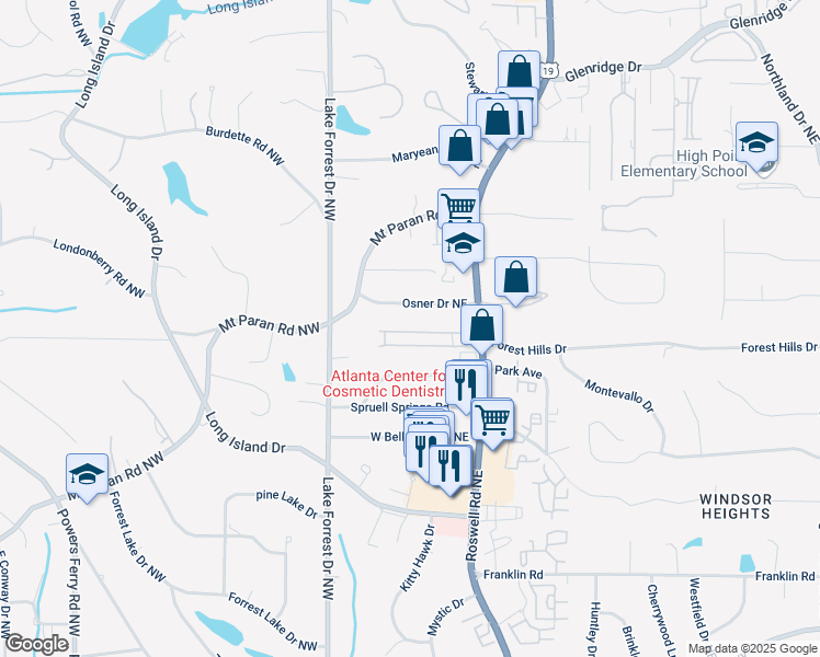 map of restaurants, bars, coffee shops, grocery stores, and more near 5570 Chemin De Vie Northeast in Sandy Springs