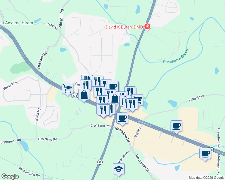 map of restaurants, bars, coffee shops, grocery stores, and more near 168 Hiram Terrace in Hiram