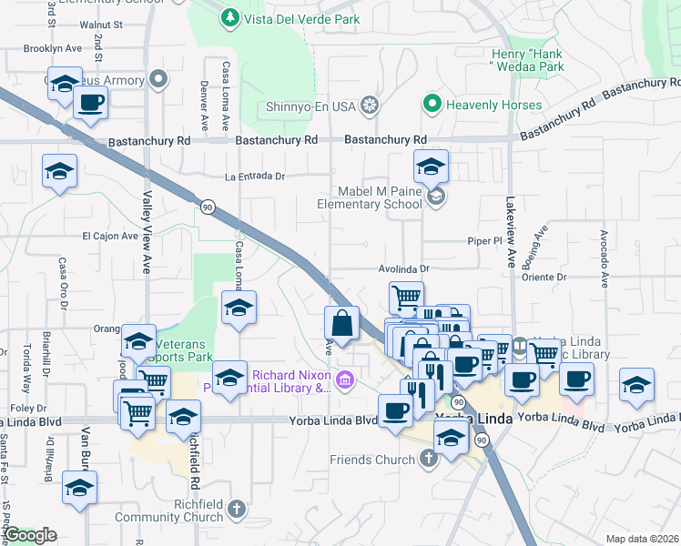 map of restaurants, bars, coffee shops, grocery stores, and more near 18026 Avolinda Drive in Yorba Linda