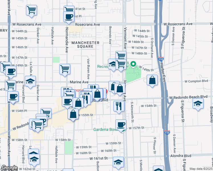 map of restaurants, bars, coffee shops, grocery stores, and more near 1120 Marine Avenue in Gardena
