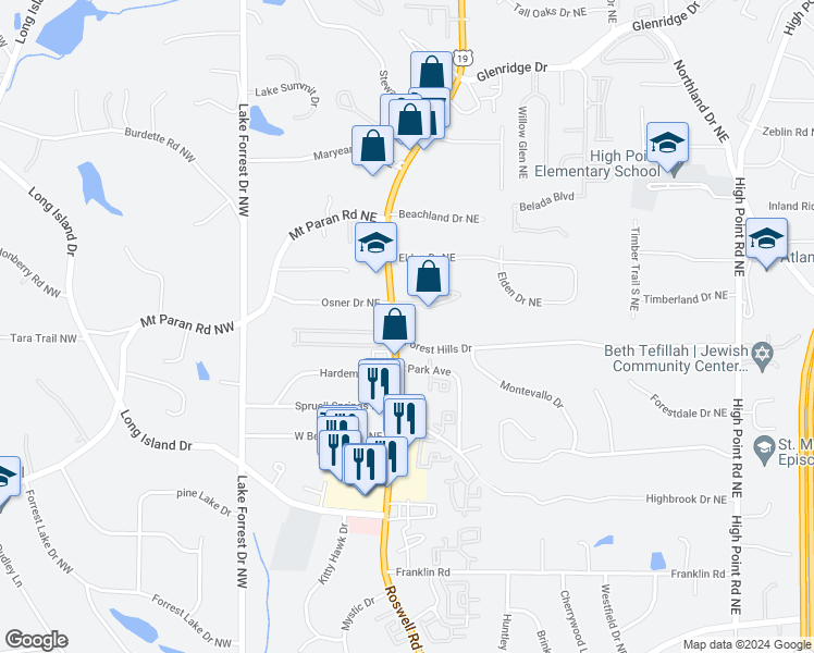 map of restaurants, bars, coffee shops, grocery stores, and more near 5095 Roswell Road in Sandy Springs