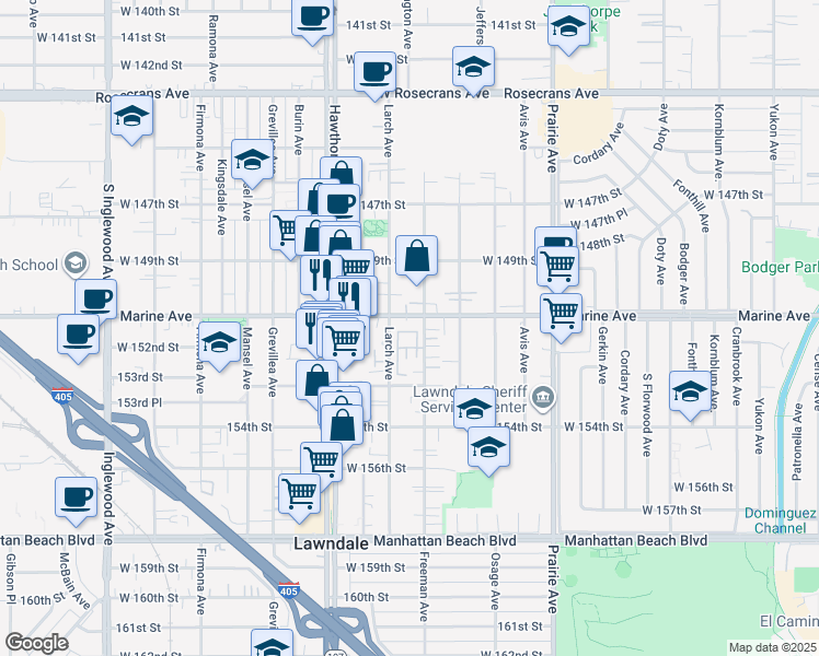 map of restaurants, bars, coffee shops, grocery stores, and more near 15111 Freeman Avenue in Lawndale