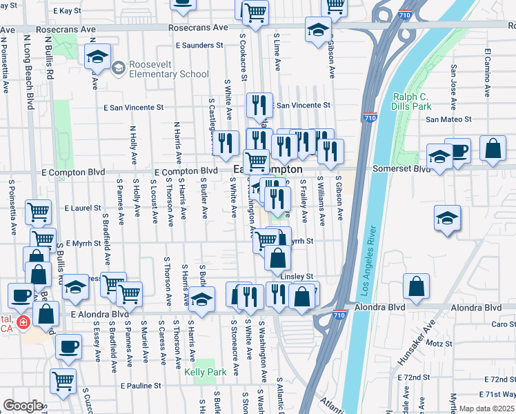 map of restaurants, bars, coffee shops, grocery stores, and more near 4420 East Rose Street in Compton