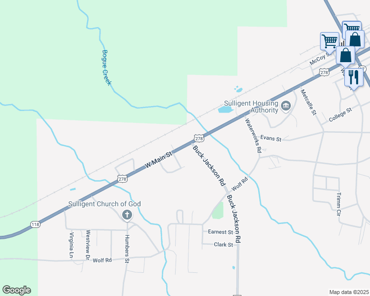 map of restaurants, bars, coffee shops, grocery stores, and more near in Sulligent