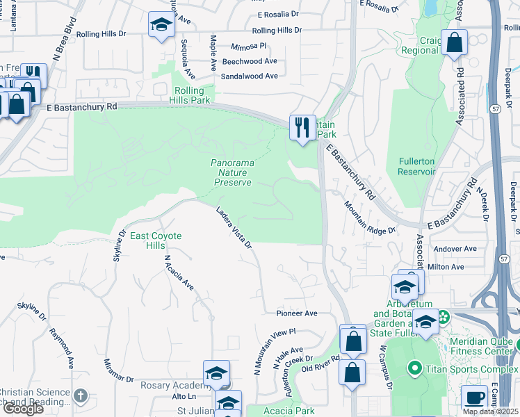 map of restaurants, bars, coffee shops, grocery stores, and more near 1930 Edinburgh Way in Fullerton