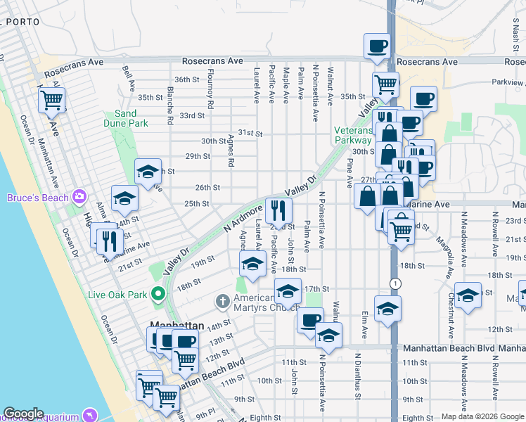map of restaurants, bars, coffee shops, grocery stores, and more near 2400 Laurel Avenue in Manhattan Beach