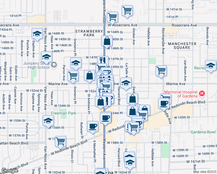 map of restaurants, bars, coffee shops, grocery stores, and more near 1723 West 152nd Street in Gardena