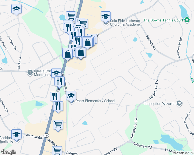 map of restaurants, bars, coffee shops, grocery stores, and more near 1515 Timberlane Road in Lawrenceville