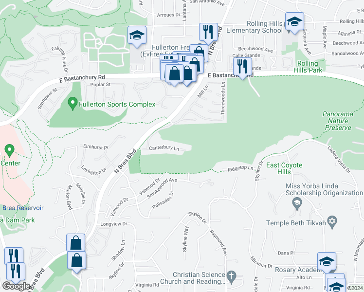 map of restaurants, bars, coffee shops, grocery stores, and more near 1383 Canterbury Lane in Fullerton