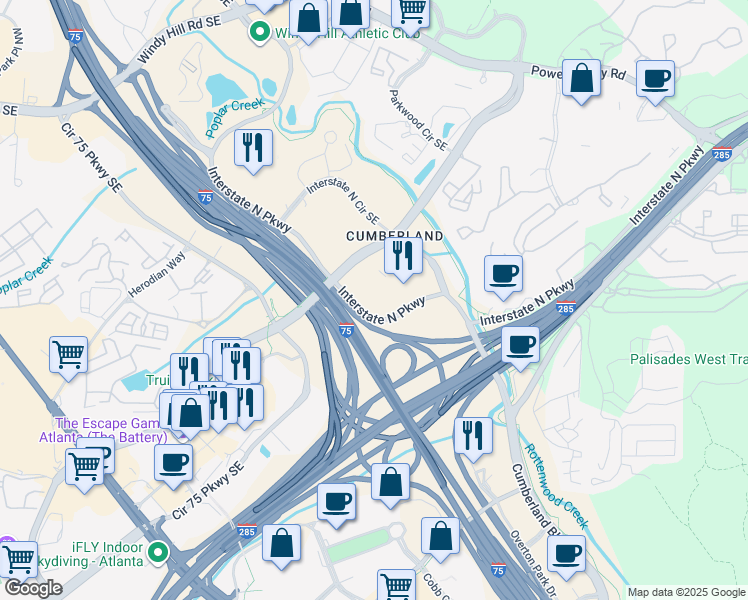 map of restaurants, bars, coffee shops, grocery stores, and more near 310 Interstate North Parkway in Atlanta