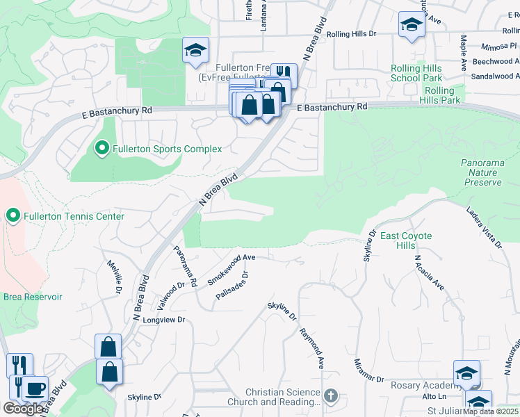 map of restaurants, bars, coffee shops, grocery stores, and more near 1363 Canterbury Lane in Fullerton