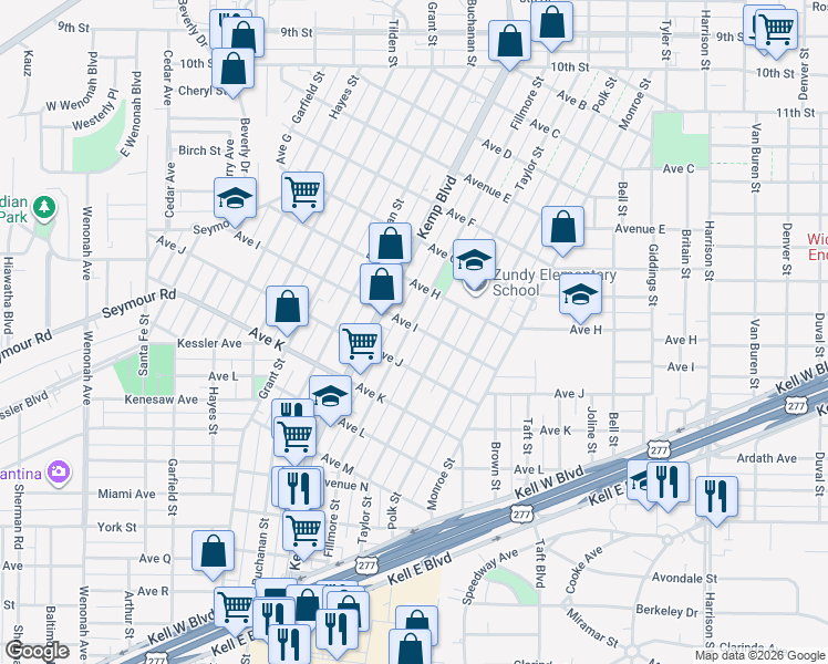 map of restaurants, bars, coffee shops, grocery stores, and more near 2401-2499 Avenue I in Wichita Falls