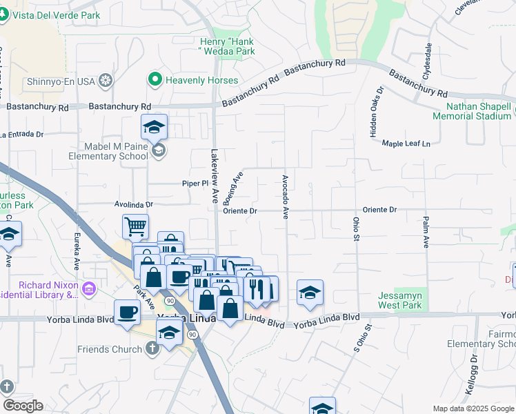 map of restaurants, bars, coffee shops, grocery stores, and more near 18645 Oriente Drive in Yorba Linda