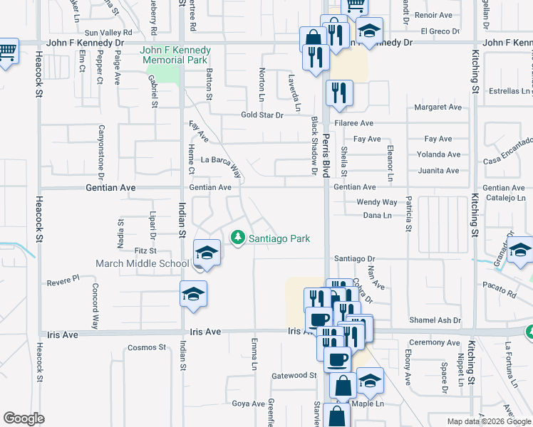 map of restaurants, bars, coffee shops, grocery stores, and more near 15622 Thunderbolt Street in Moreno Valley