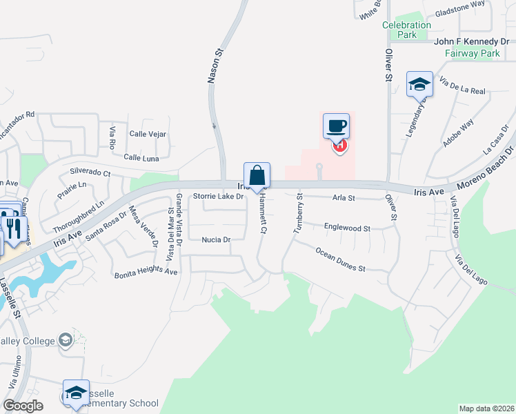 map of restaurants, bars, coffee shops, grocery stores, and more near 27054 Fina Court in Moreno Valley