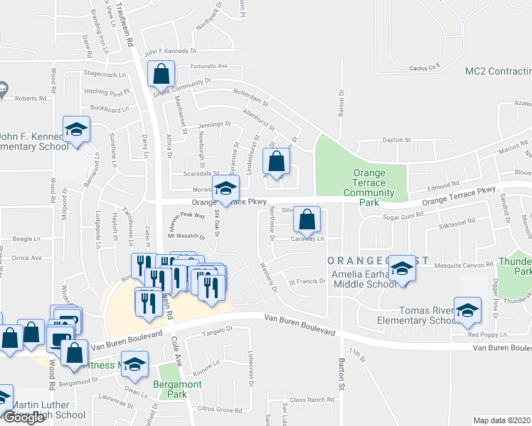 map of restaurants, bars, coffee shops, grocery stores, and more near 19803 Silvercrest Lane in Riverside