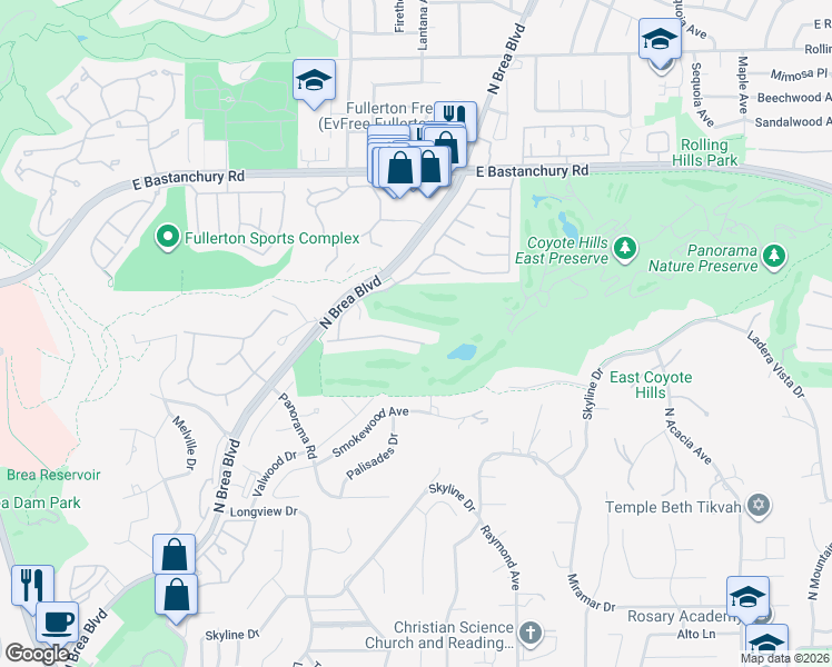 map of restaurants, bars, coffee shops, grocery stores, and more near 1363 Canterbury Lane in Fullerton