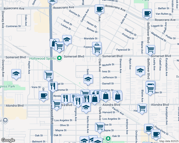 map of restaurants, bars, coffee shops, grocery stores, and more near 9301 Ives Street in Bellflower