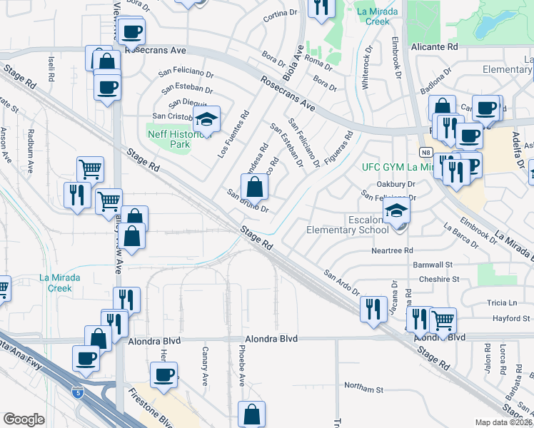 map of restaurants, bars, coffee shops, grocery stores, and more near 14630 San Bruno Drive in La Mirada