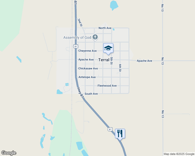 map of restaurants, bars, coffee shops, grocery stores, and more near 303 Antelope Avenue in Terral