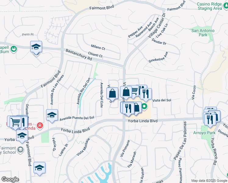 map of restaurants, bars, coffee shops, grocery stores, and more near 20423 Vía Don Juan in Yorba Linda