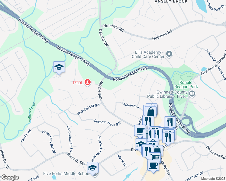map of restaurants, bars, coffee shops, grocery stores, and more near 3042 Deanna Way Southwest in Lawrenceville