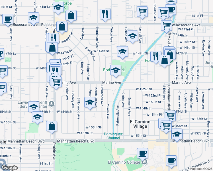 map of restaurants, bars, coffee shops, grocery stores, and more near 3645 West 152nd Street in Lawndale