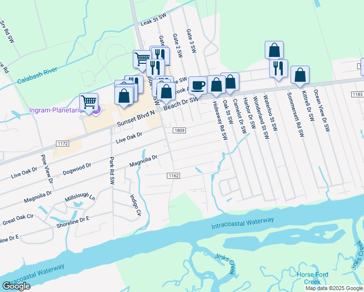 map of restaurants, bars, coffee shops, grocery stores, and more near 7285 Brigadier Avenue Southwest in Ocean Isle Beach