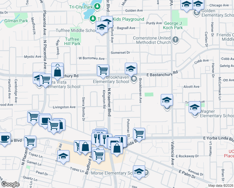map of restaurants, bars, coffee shops, grocery stores, and more near 1713 Pecos River in Placentia