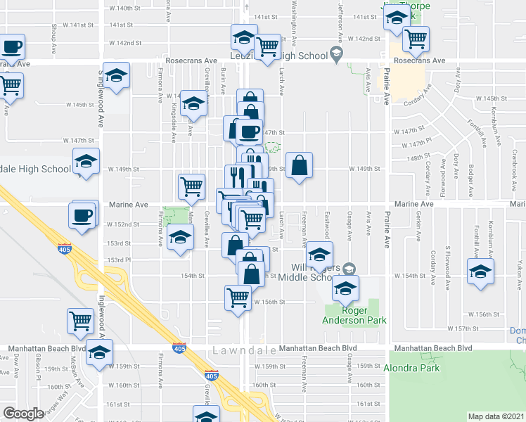 map of restaurants, bars, coffee shops, grocery stores, and more near 4330 Marine Avenue in Lawndale