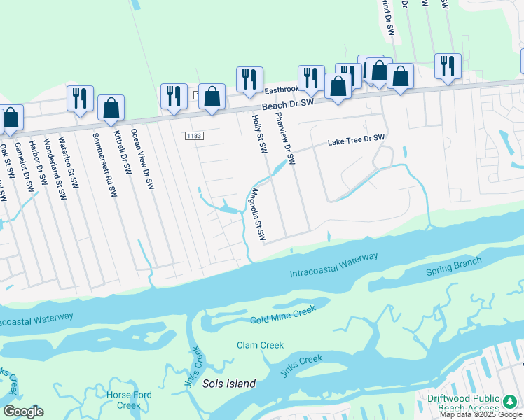 map of restaurants, bars, coffee shops, grocery stores, and more near 1853 Magnolia Street Southwest in Ocean Isle Beach