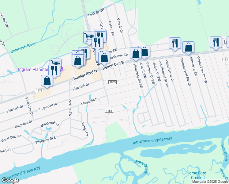 map of restaurants, bars, coffee shops, grocery stores, and more near 7285 Brigadier Avenue Southwest in Ocean Isle Beach