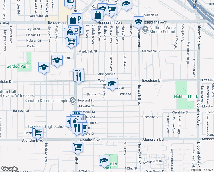 map of restaurants, bars, coffee shops, grocery stores, and more near 12007 Highdale Street in Norwalk