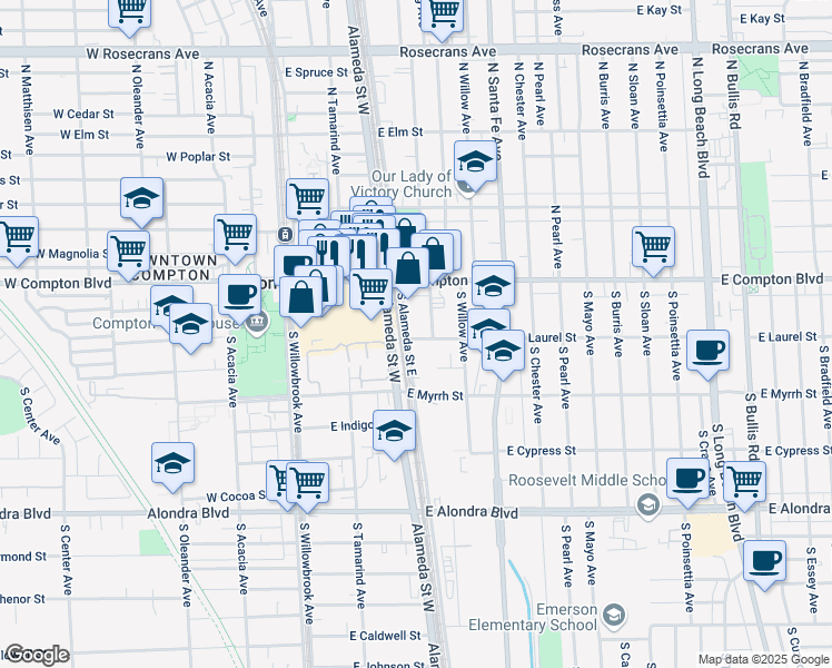 map of restaurants, bars, coffee shops, grocery stores, and more near 156 South Alameda Street East in Compton